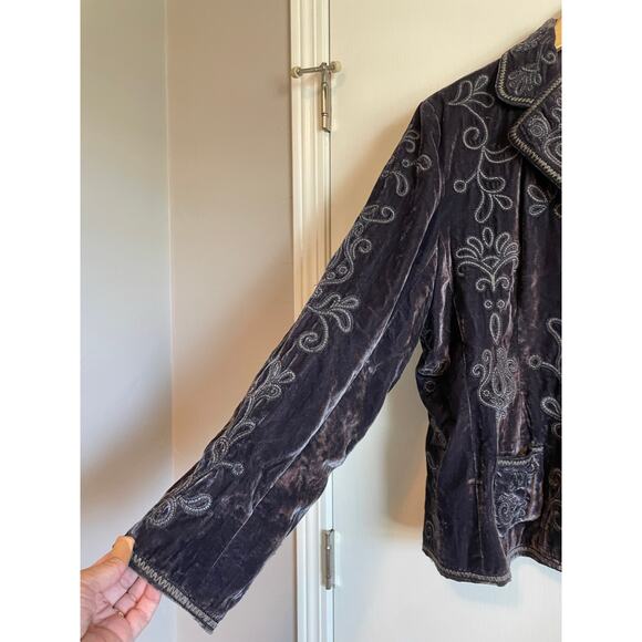 Laura Ashley blue velvet embroidered blazer lined collar snaps pockets Large - Picture 4 of 8